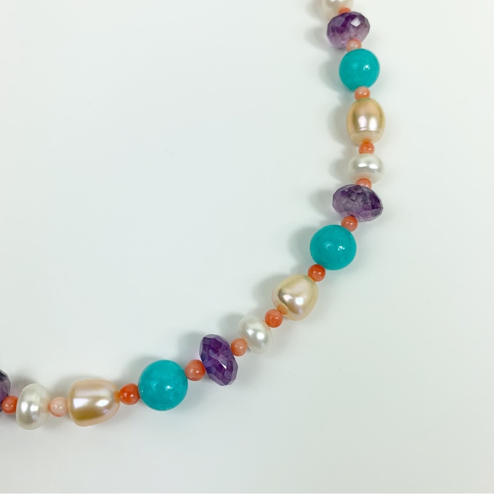 Amethyst Turquoise Pearl Coral Beaded Necklace - Picture 3 of 4